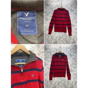 Preppy 00s Y2K American Eagle Red Navy Striped Quarter Zip Sweater Men’s Sz SP